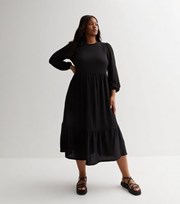New Look Curves Black Crinkle Jersey Long Sleeve Midi Smock Dress